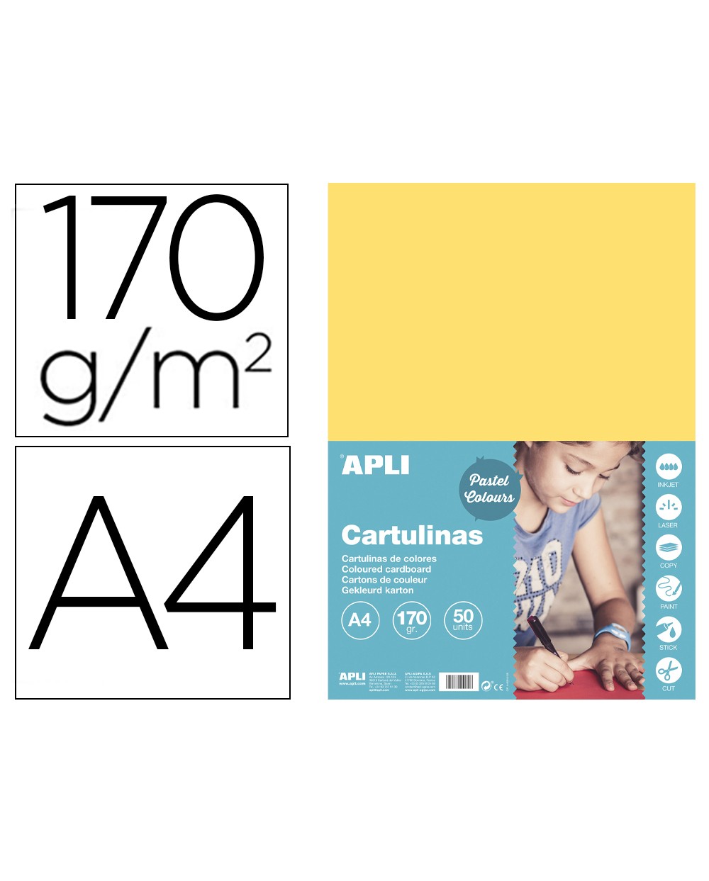 Cartulina apli din a4 170g m2 amarillo claro paquete de 50 hojas