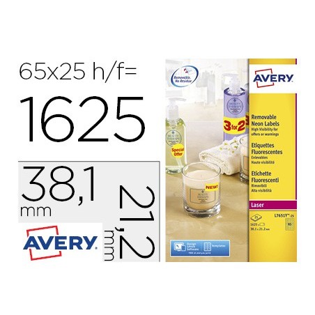 Etiqueta adhesiva avery tamano 381x212 mm removible amarillo fluorescente caja de 1625 unidades