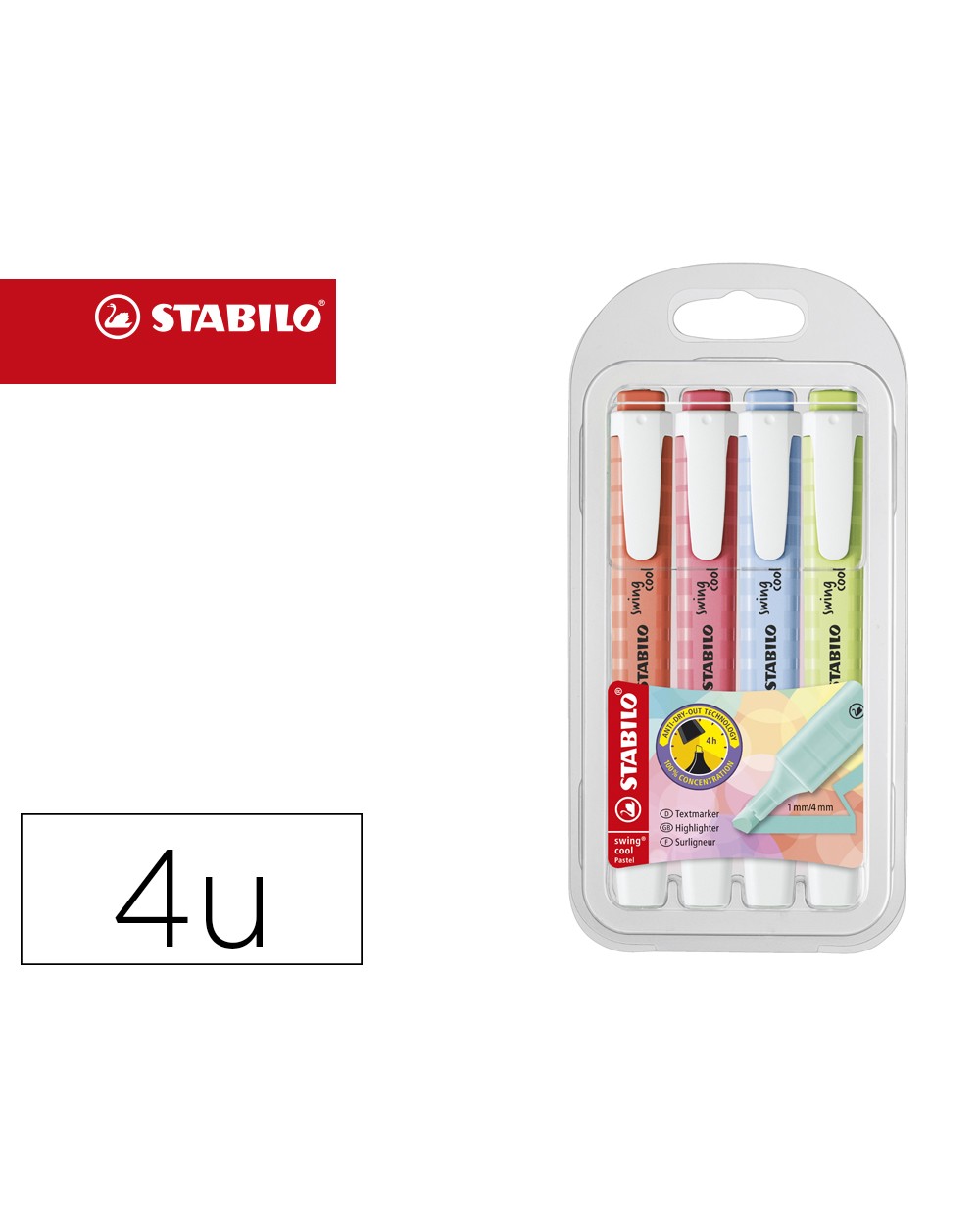 Rotulador stabilo fluorescente swing cool pastel estuche de 4 unidades colores surtidos