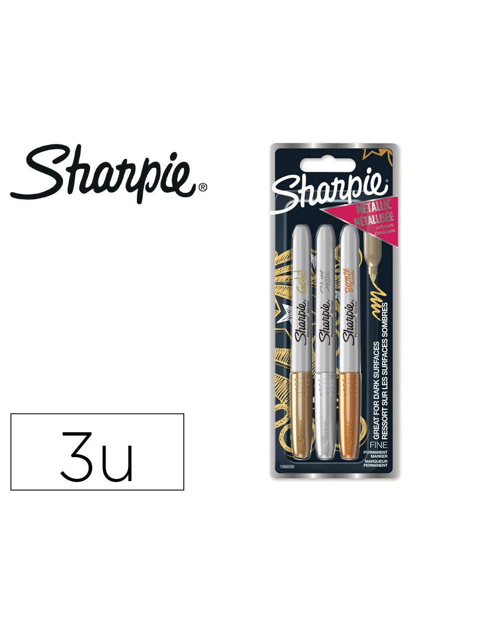 Rotulador sharpie permanente fino metalico blister de 3 unidades oro plata bronce
