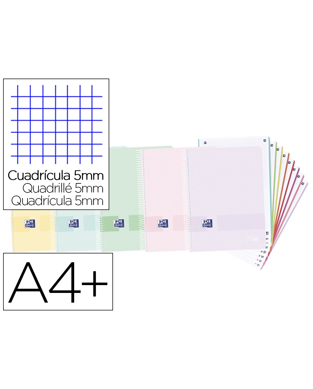 Cuaderno espiral oxford live you europeanbook 8 tapa polipropileno din a4 160 hojas cuadro 5 mm colores