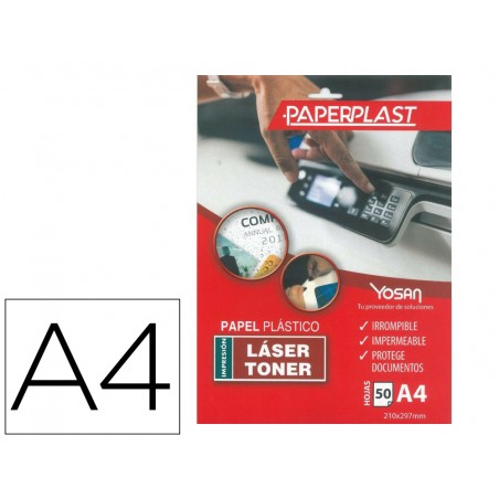 Papel plastico yosan paperplast poliester blanco brillo din a4 200 mc imprimible paquete de 50