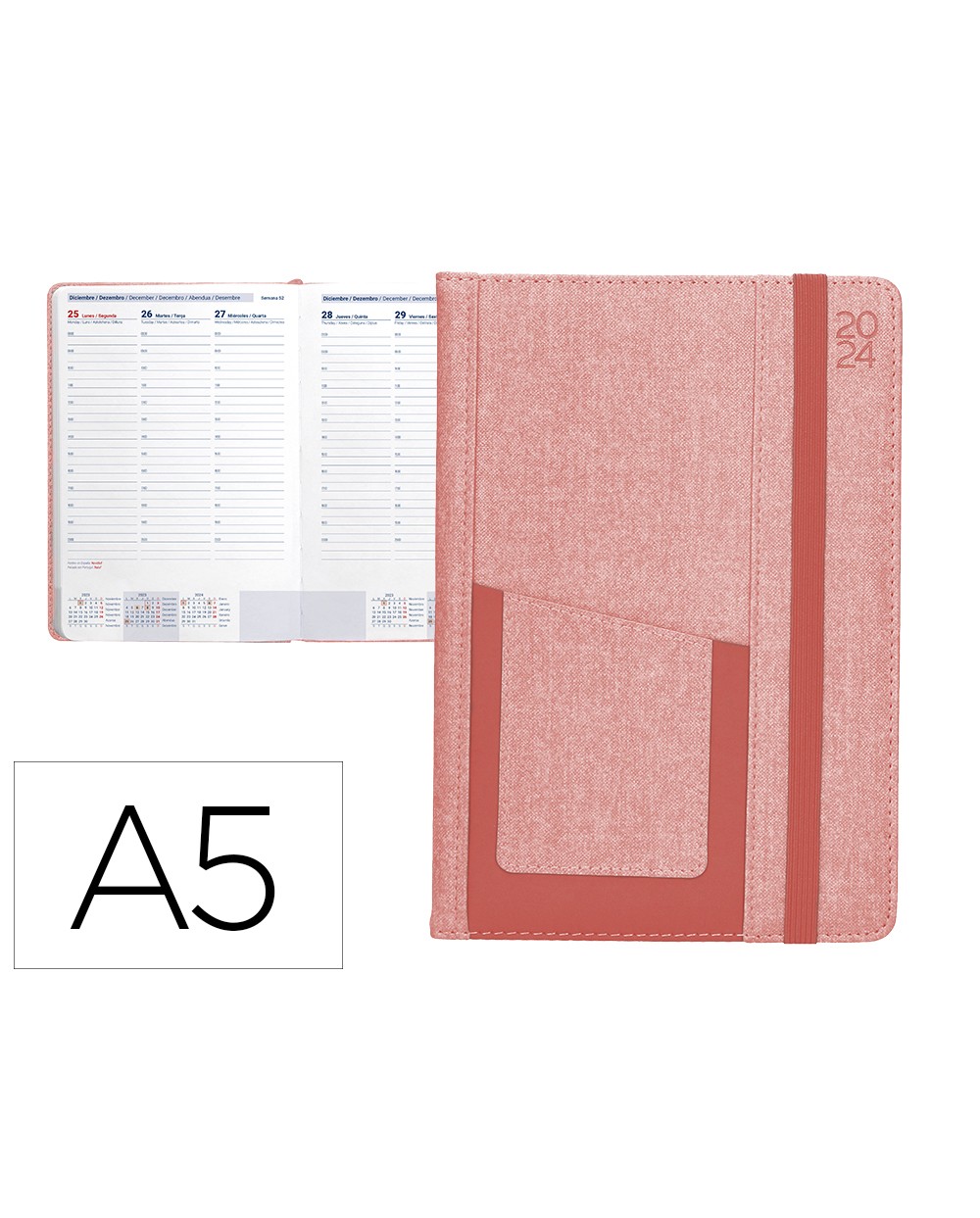 Agenda encuadernada liderpapel saria a5 2024 semana vista color rosa papel 70 gr