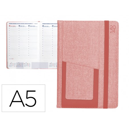Agenda encuadernada liderpapel saria a5 2024 semana vista color rosa papel 70 gr