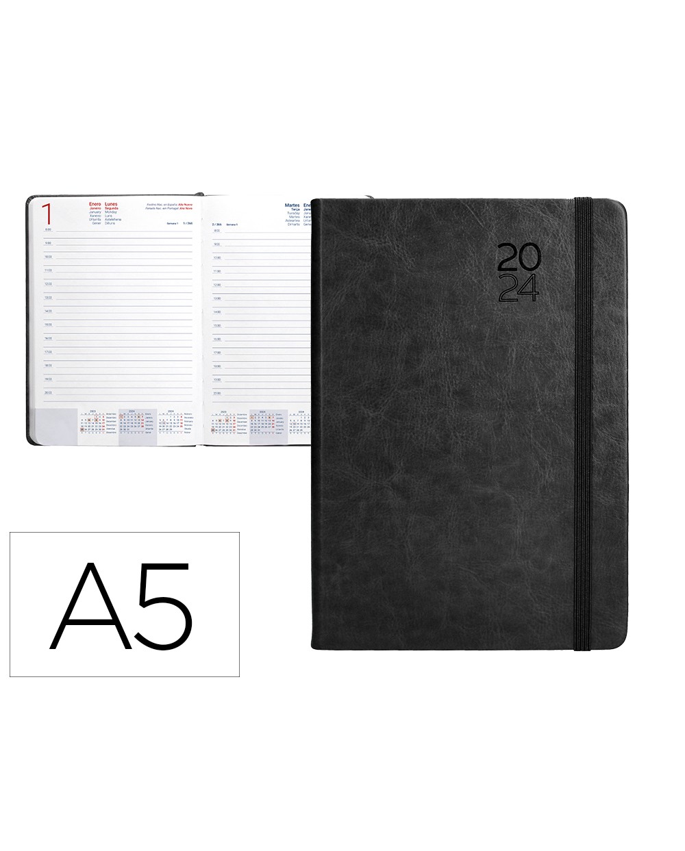 Agenda encuadernada liderpapel mykonos 15x21 cm 2024 dia pagina color negro papel 70 gr