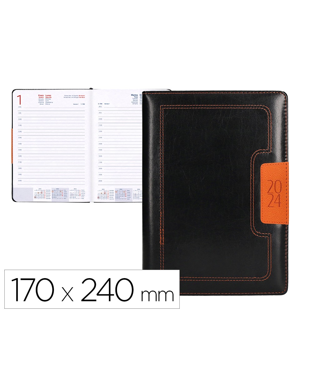 Agenda encuadernada liderpapel dorios 17x24 cm 2024 dia pagina color negro y naranja papel 70 gr