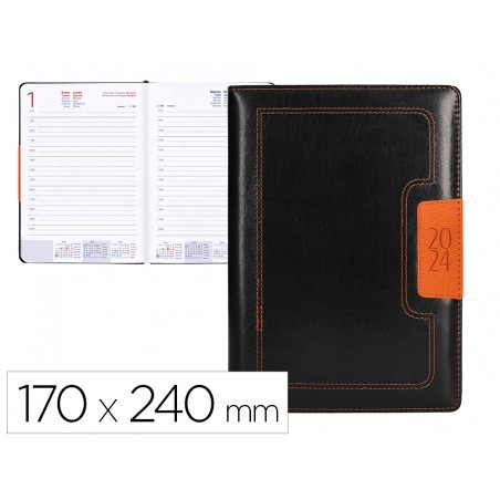 Agenda encuadernada liderpapel dorios 17x24 cm 2024 dia pagina color negro y naranja papel 70 gr