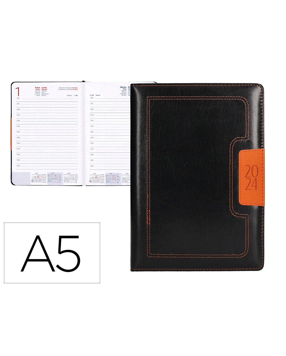 Agenda encuadernada liderpapel dorios 15x21 cm 2024 dia pagina color negro y naranja papel 70 gr