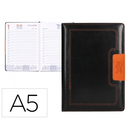 Agenda encuadernada liderpapel dorios 15x21 cm 2024 dia pagina color negro y naranja papel 70 gr