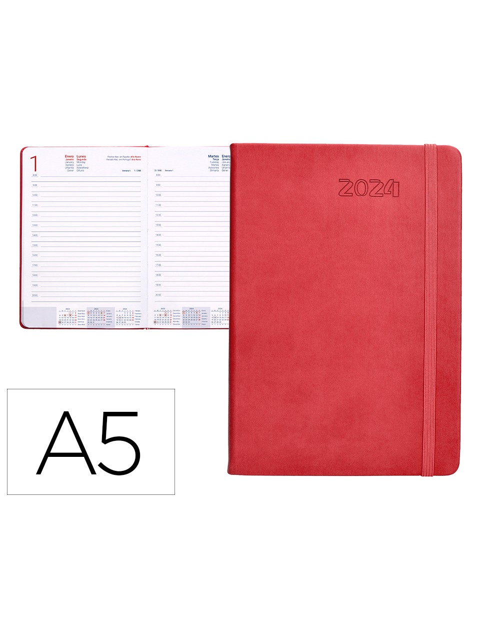 Agenda encuadernada liderpapel esparta 15x21 cm 2024 dia pagina con gomilla color rosa papel 70 gr
