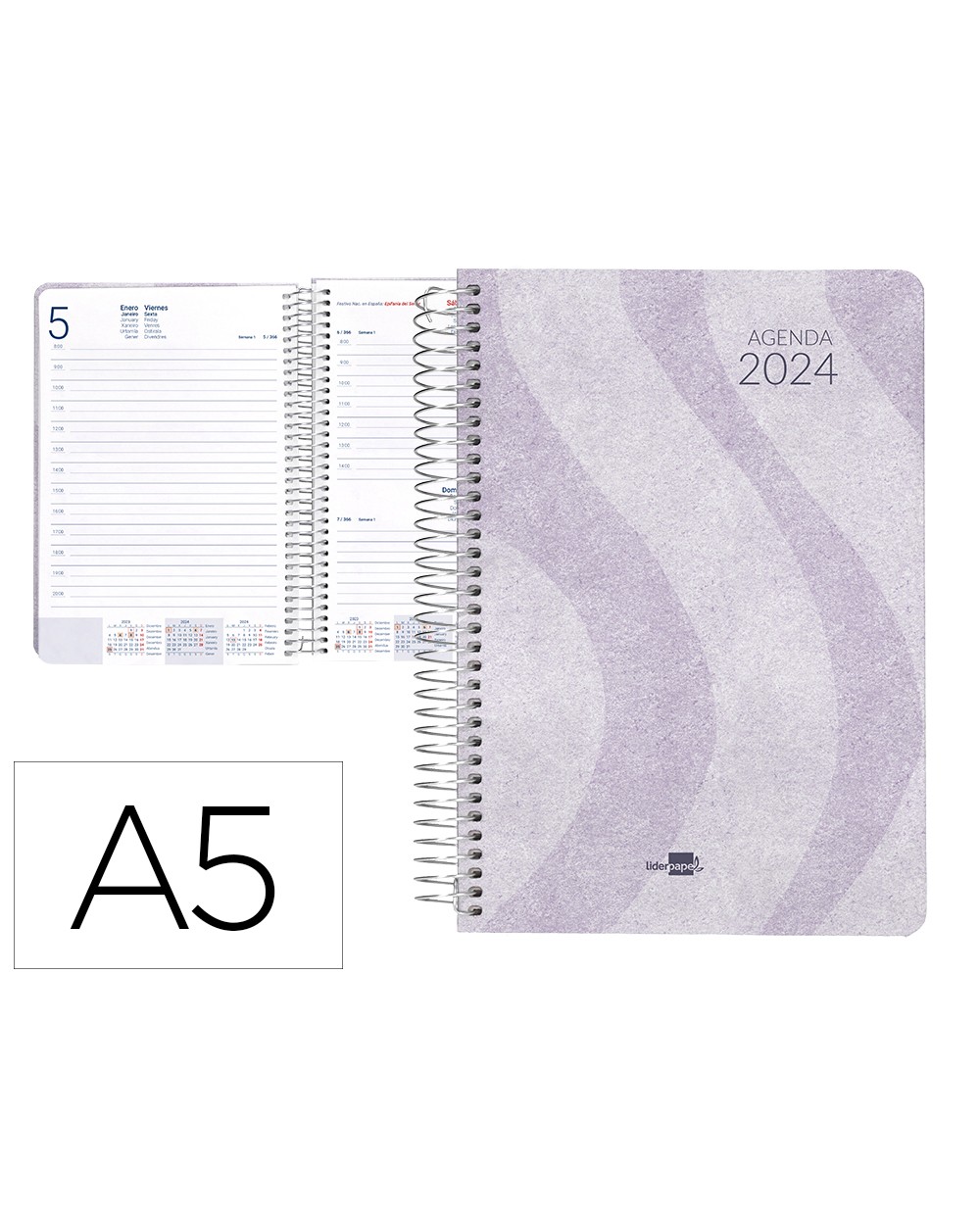 Agenda espiral liderpapel syros 15x21 cm 2024 dia pagina simple espiral color malva papel 60gr