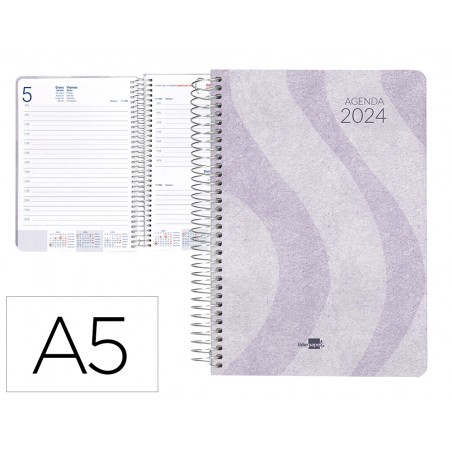 Agenda espiral liderpapel syros 15x21 cm 2024 dia pagina simple espiral color malva papel 60gr