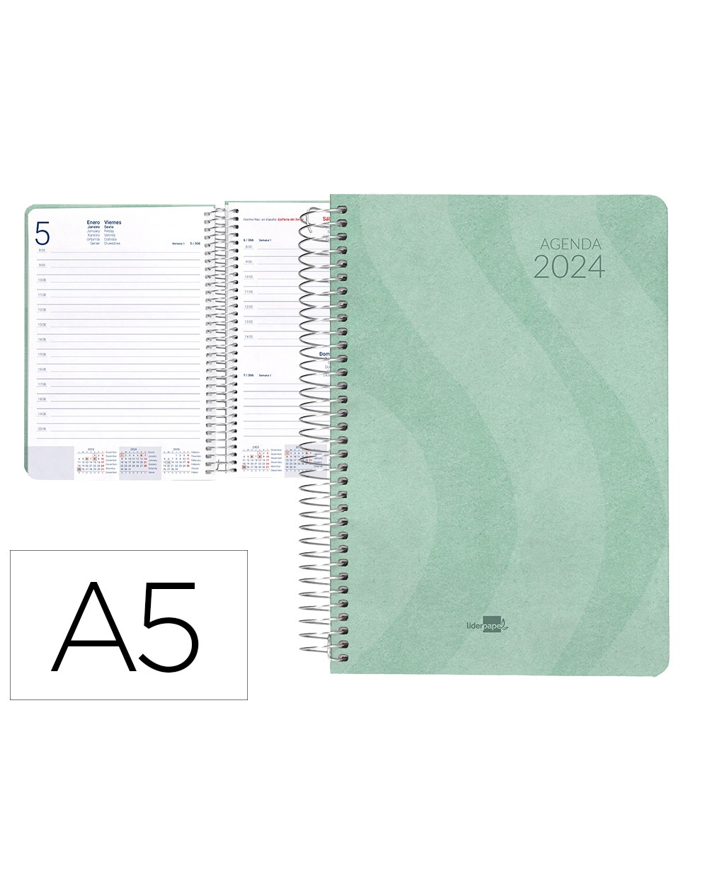 Agenda espiral liderpapel syros 15x21 cm 2024 dia pagina simple espiral color menta papel 60gr