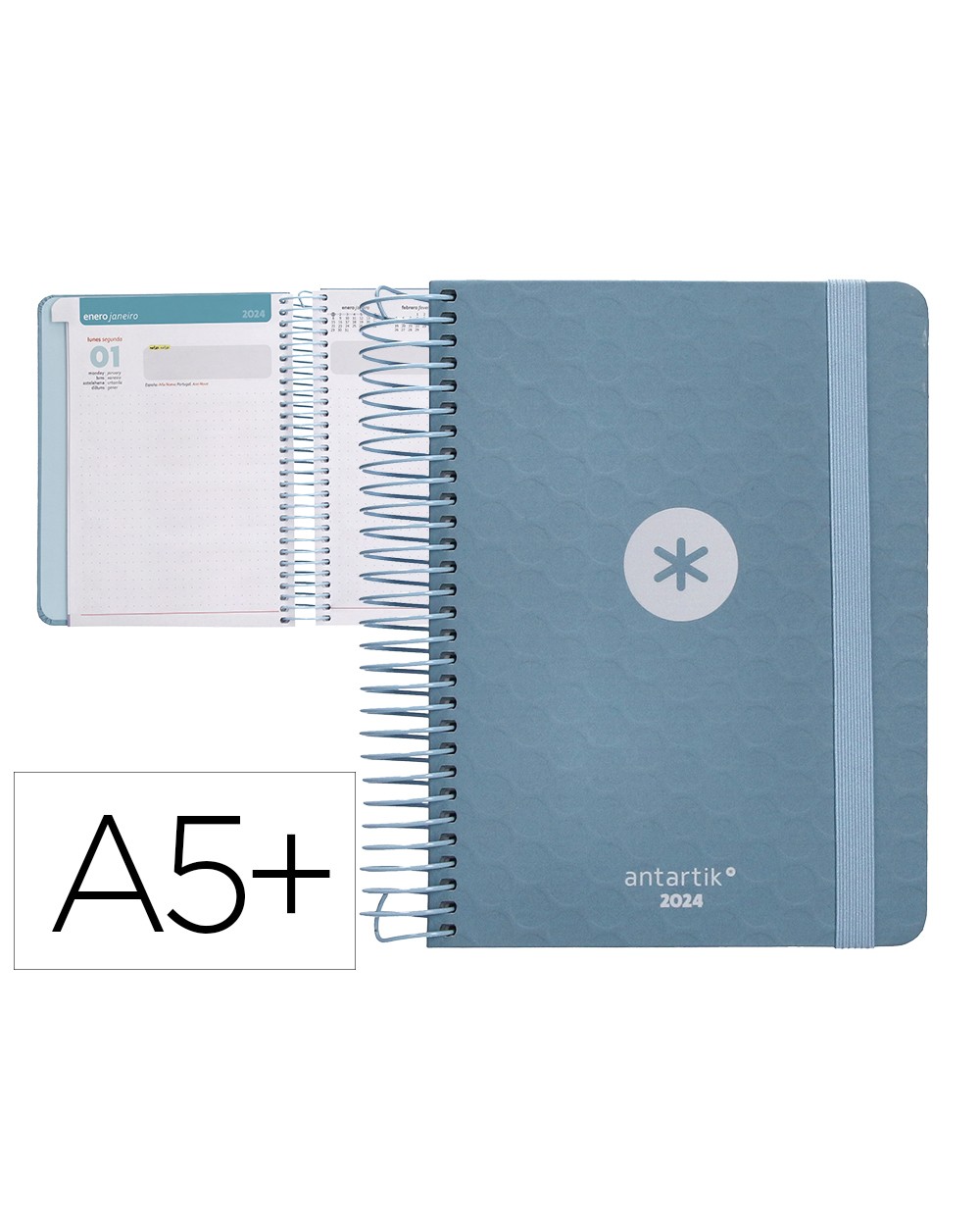 Agenda de oficina antartik 2024 dia pagina 80 gr sobre y 3 hojas de pegatinas azul 165x215 mm