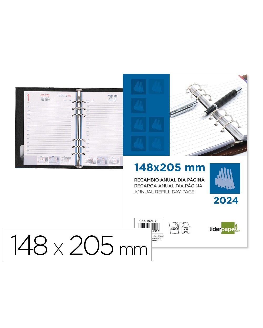 Recambio agenda anillas liderpapel 148x205 cm 2024 dia pagina papel 70 gr