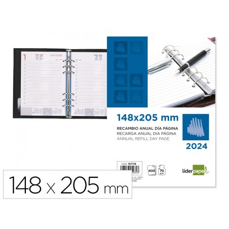 Recambio agenda anillas liderpapel 148x205 cm 2024 dia pagina papel 70 gr