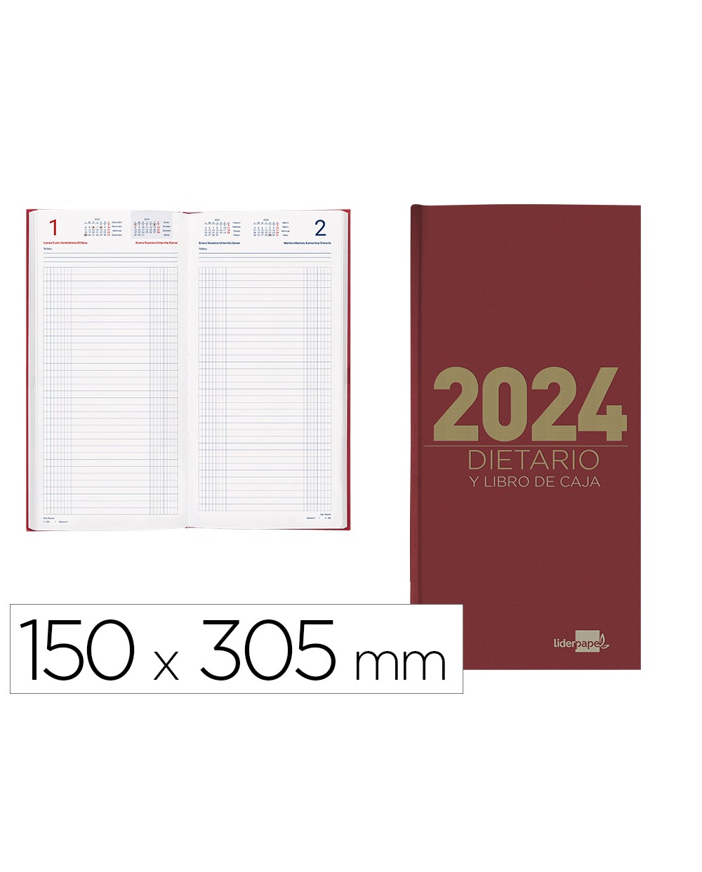 Dietario liderpapel 15x305cm 2024 dos tercios papel 70 gr color rojo