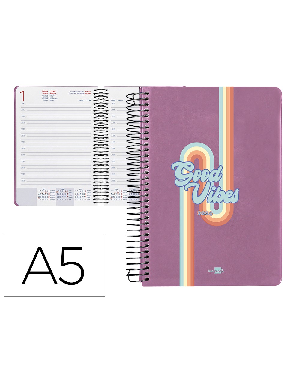 Agenda espiral liderpapel zante 15x21 cm 2024 dia paginacolor malva papel 70 gr