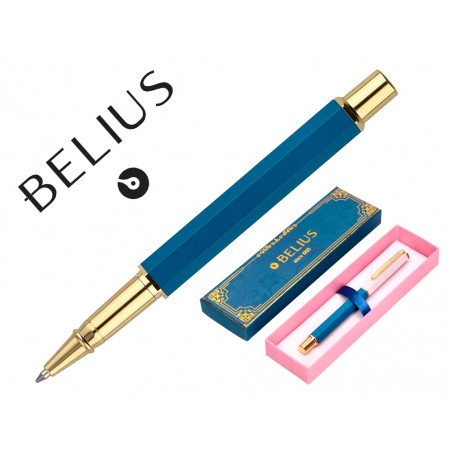 Boligrafo belius macaron bliss diseno hexagonal rosa azul dorado tinta azul caja de diseno