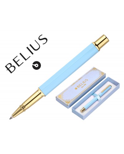 Boligrafo belius macaron bliss diseno hexagonal azul y celeste dorado tinta azul caja de diseno