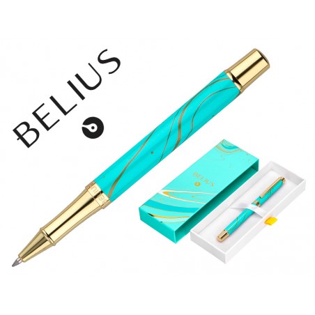 Boligrafo belius aqua aluminio diseno turquesa y dorado tinta azul caja de diseno