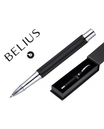 Boligrafo belius turbo alumini o textura punteada diseno negro y plateado tinta azul caja de diseno