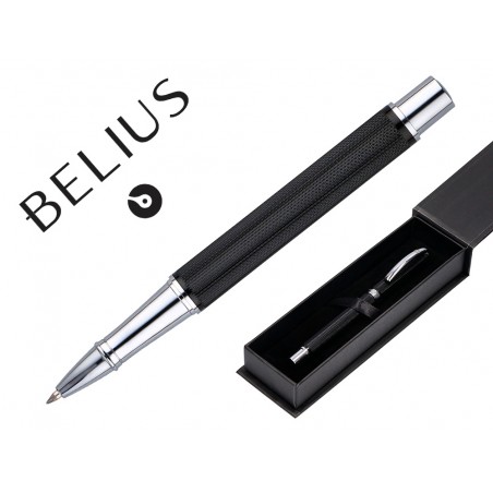 Boligrafo belius turbo alumini o textura punteada diseno negro y plateado tinta azul caja de diseno