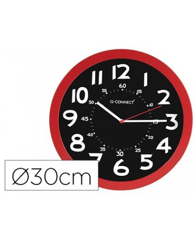 Reloj q connect de pared plastico oficina redondo 30 cm color rojo y esfera color negro