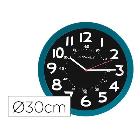 Reloj q connect de pared plastico oficina redondo 30 cm color azul y esfera color negro