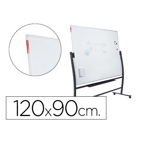 Pizarra blanca rocada vitrificada magnetica con soporte volteable doble cara 90x120 cm