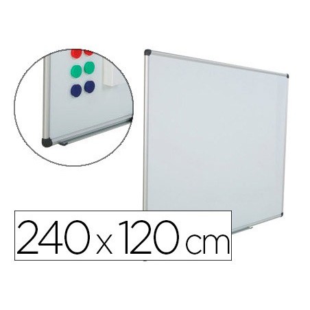 Pizarra blanca rocada acero vitrificado magnetico marco aluminio y cantoneras pvc 240 x 120 cm incluye bandeja