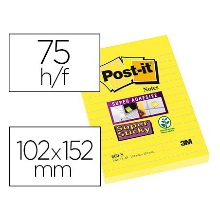 Bloc de notas adhesivas quita y pon post it super sticky rayado amarillo ultra 102x152 mm