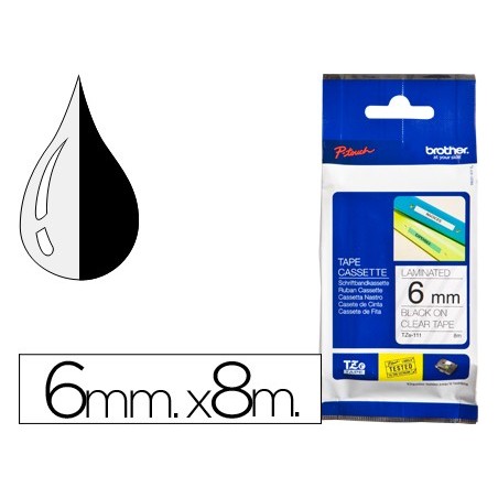 Cinta brother tze 111 transparente negro 6mm longitud 8 mt